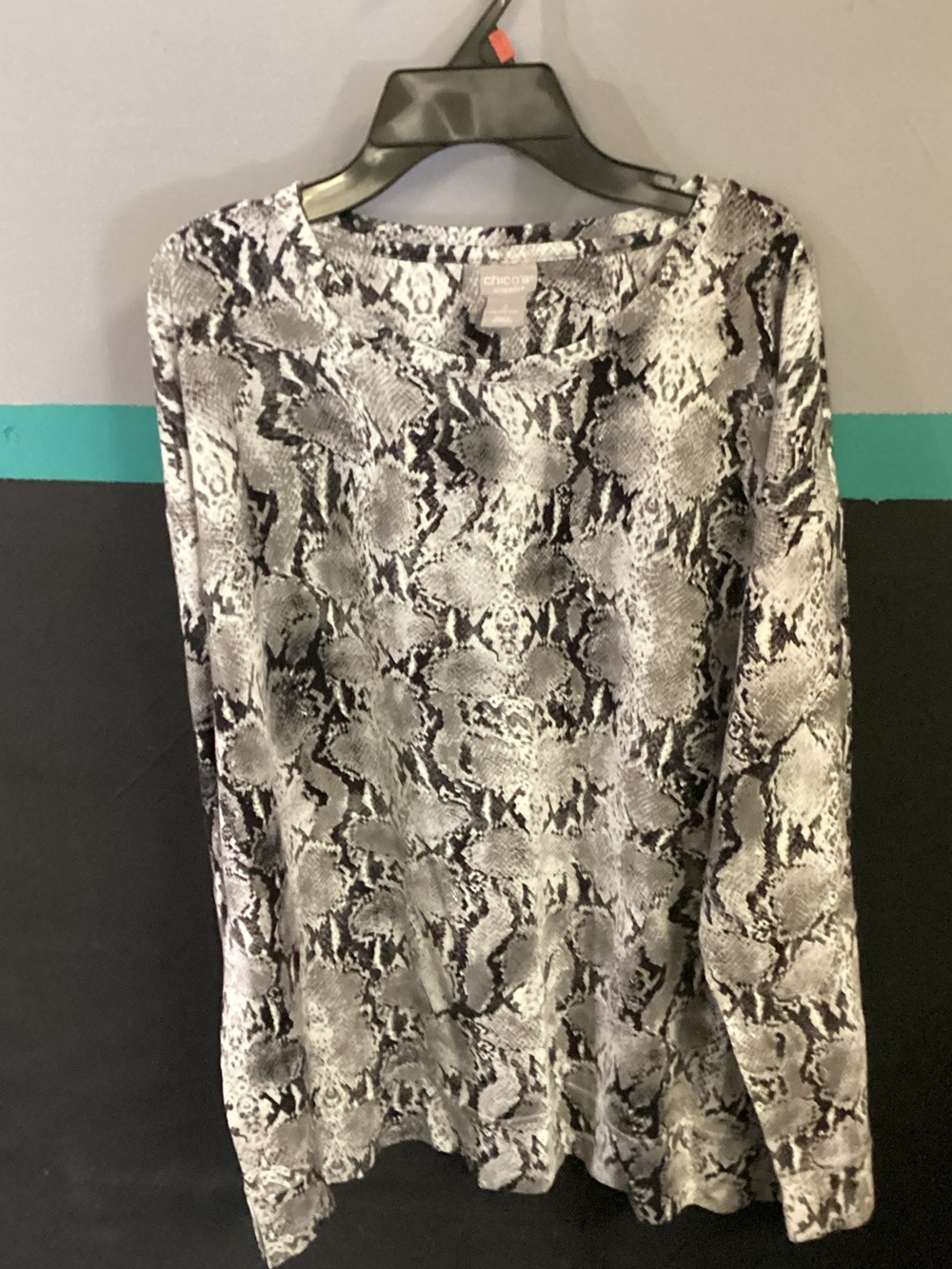Chico's Black and White Snake-Print Long Sleeve Tee UPF 50+ Fabric